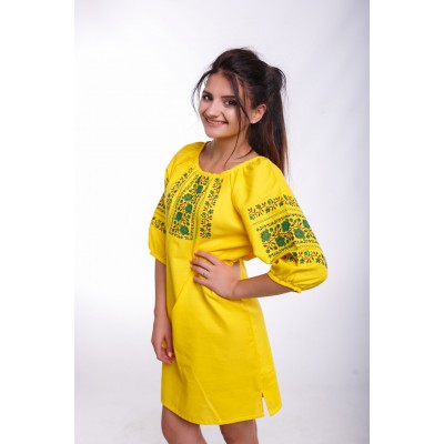 Embroidered Classic Dress "Rose Garden" Yellow